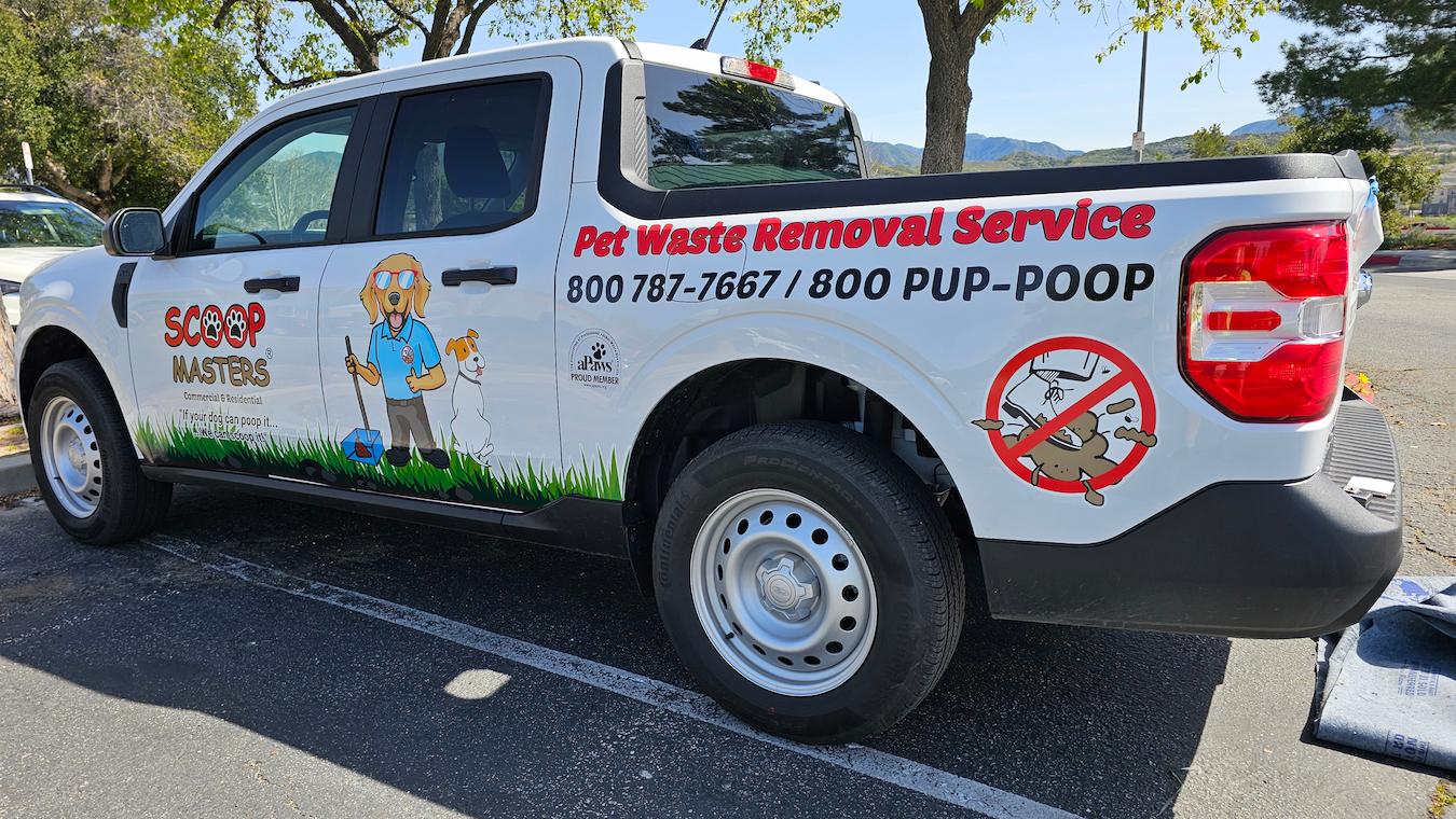 Scoop Master’s new eye-catching logo ensures that clients know who is in their yard when their team of poop-scooping pros arrives. 