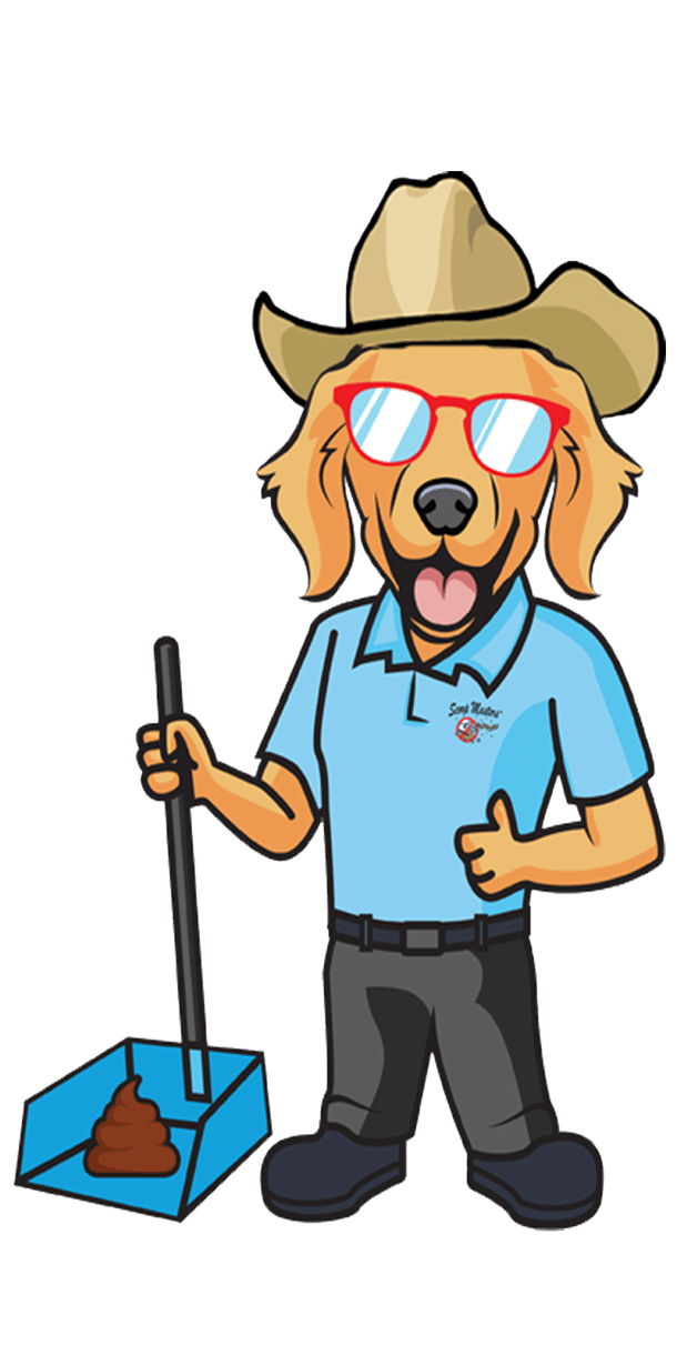 Scoop Masters pet waste removal service mascot of cartoon dog in cowboy hat