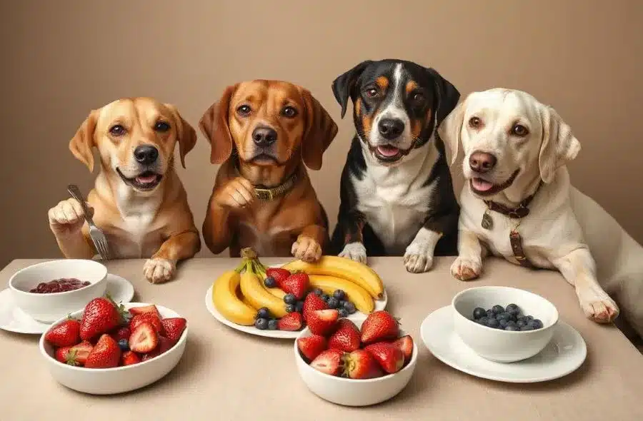 image of 4 dogs sitting at a table full of strawberries and other kinds of fruit for scoop masters blog